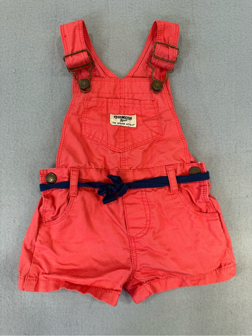OshKosh B'gosh Coral Pink Girls' Short Overalls with Navy Belt